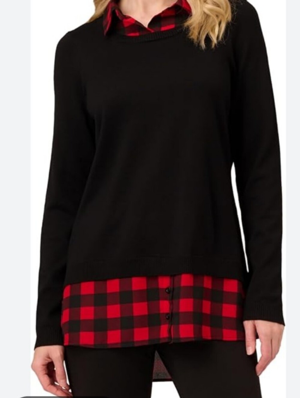 Adrianna Papell Black Twofer Sweater with Red Plaid Trim And Collar
